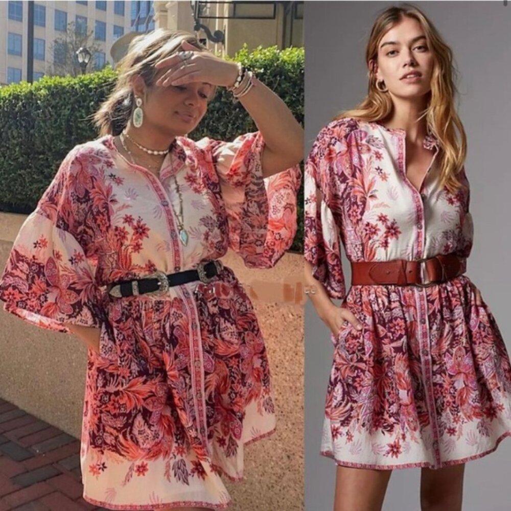 NWT Anthropologie Janelle Tunic Mini Dress Floral Boho Oversized Ruffle Flowy L